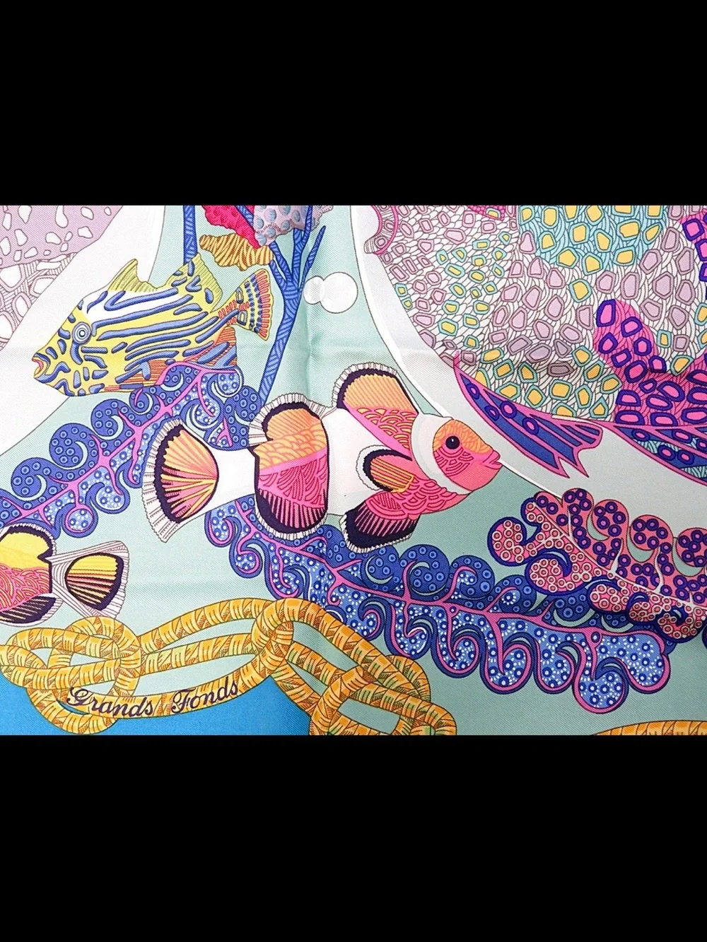 Hermes Turquoise Blue Marine Life Silk Scarf with Multicolor Fish